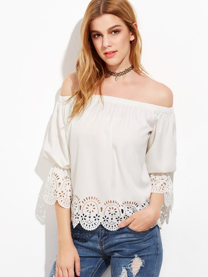 Shein Scallop Laser Cut Out Bardot Neck Top