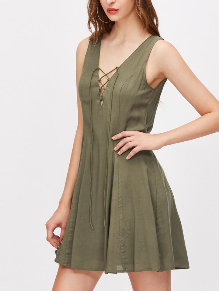 Shein Lace Up Plunge Neck Low V Back Swing Dress