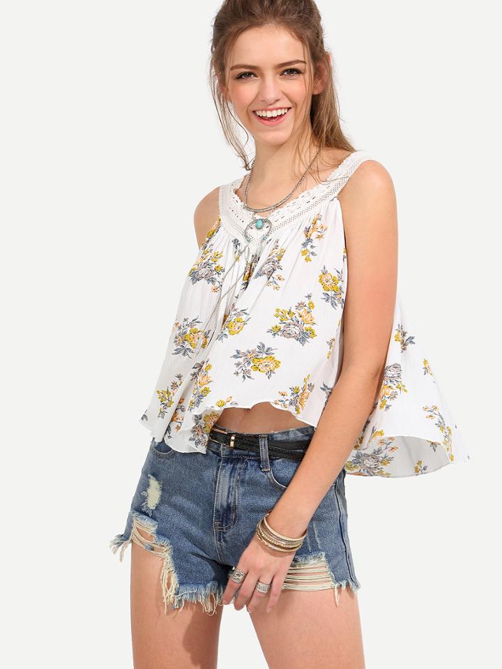 Shein White Floral Print Sleeveless Blouse