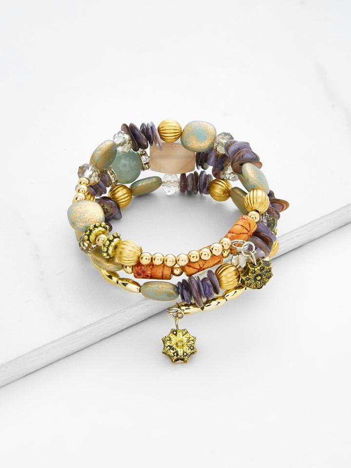 Shein Flower Charm Beaded Layered Bracelet