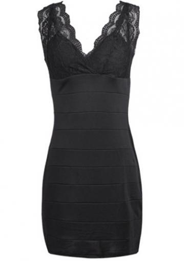 Rosewe Chic V Neck Sleeveless Black Dress With Lace