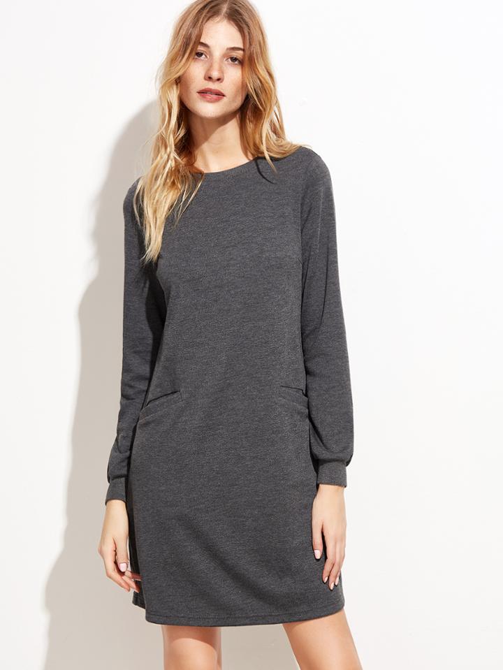 Shein Grey Pocket Front Long Sleeve Sweatshirt Dress