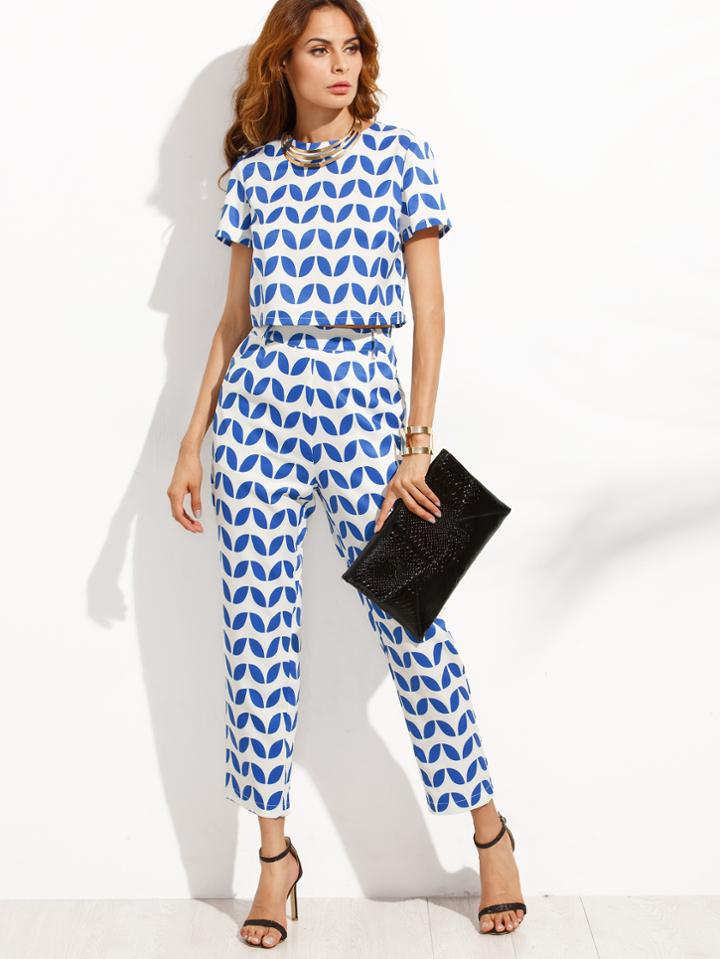 Shein Blue Print Short Sleeve Top With Pants
