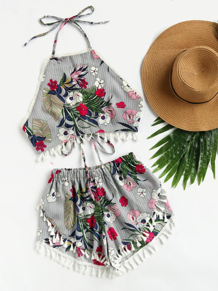 Shein Striped Tassel Tie Open Back Top With Asymmetric Shorts