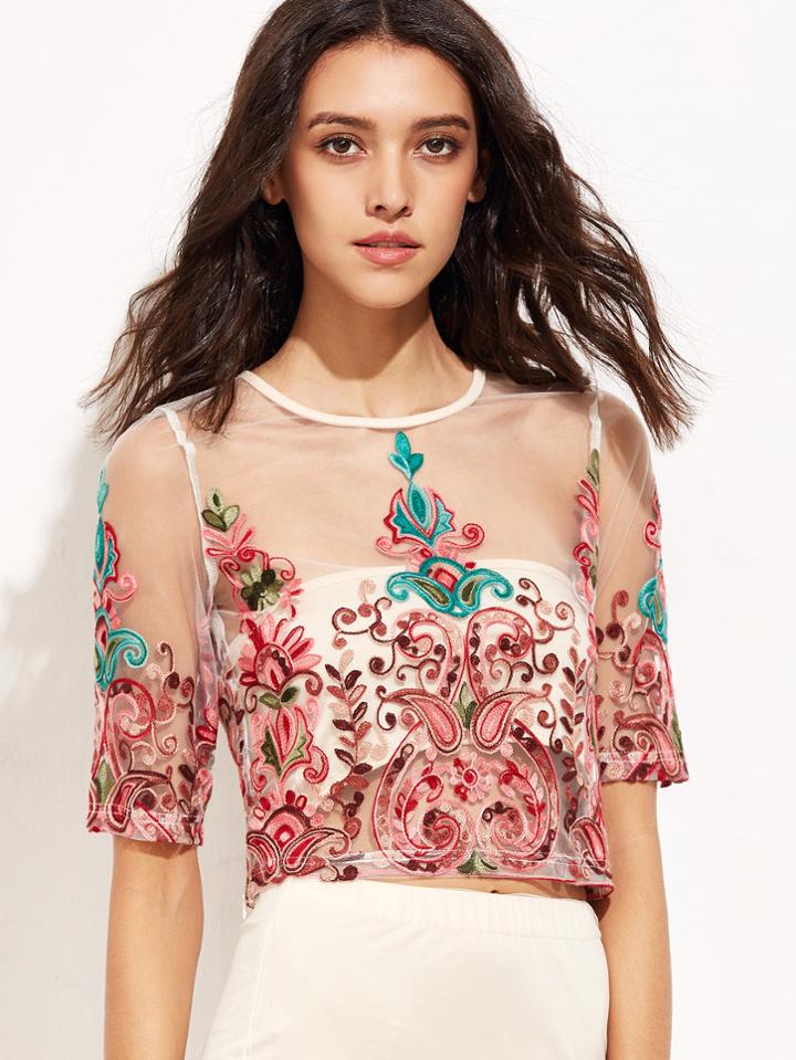 Shein White Embroidered Mesh Top With Bandeau