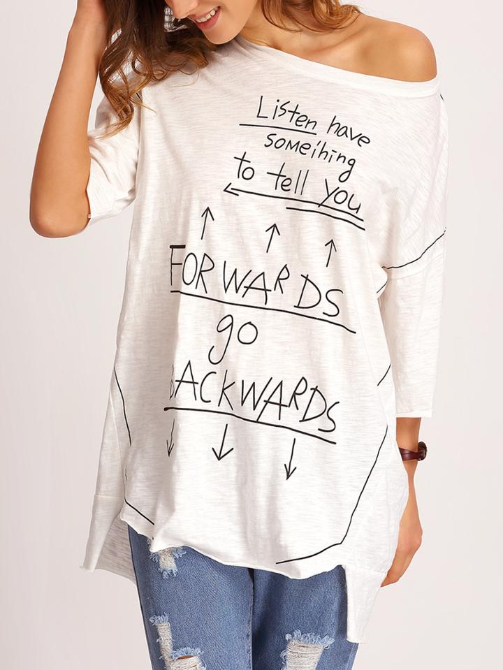 Shein White Dropped Shoulder Seam Letters Print T-shirt