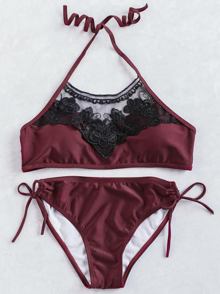 Shein Burgundy Contrast Lace Detail Halter Bikini Set