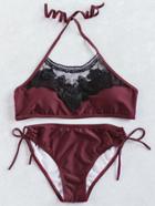 Shein Burgundy Contrast Lace Detail Halter Bikini Set