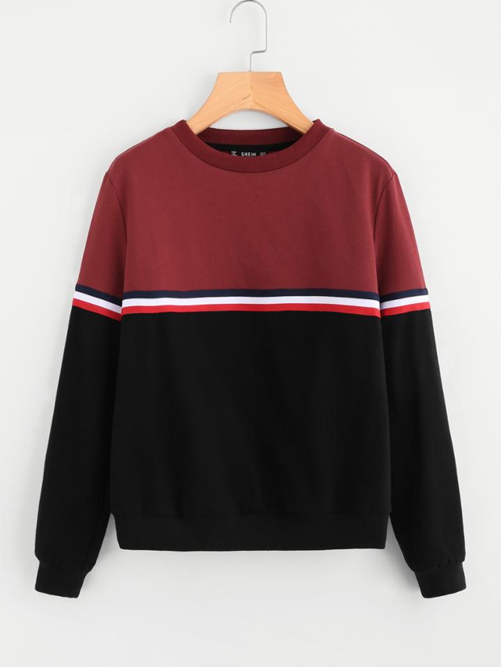 Shein Striped Tape Detail Two Tone Sweatshirt