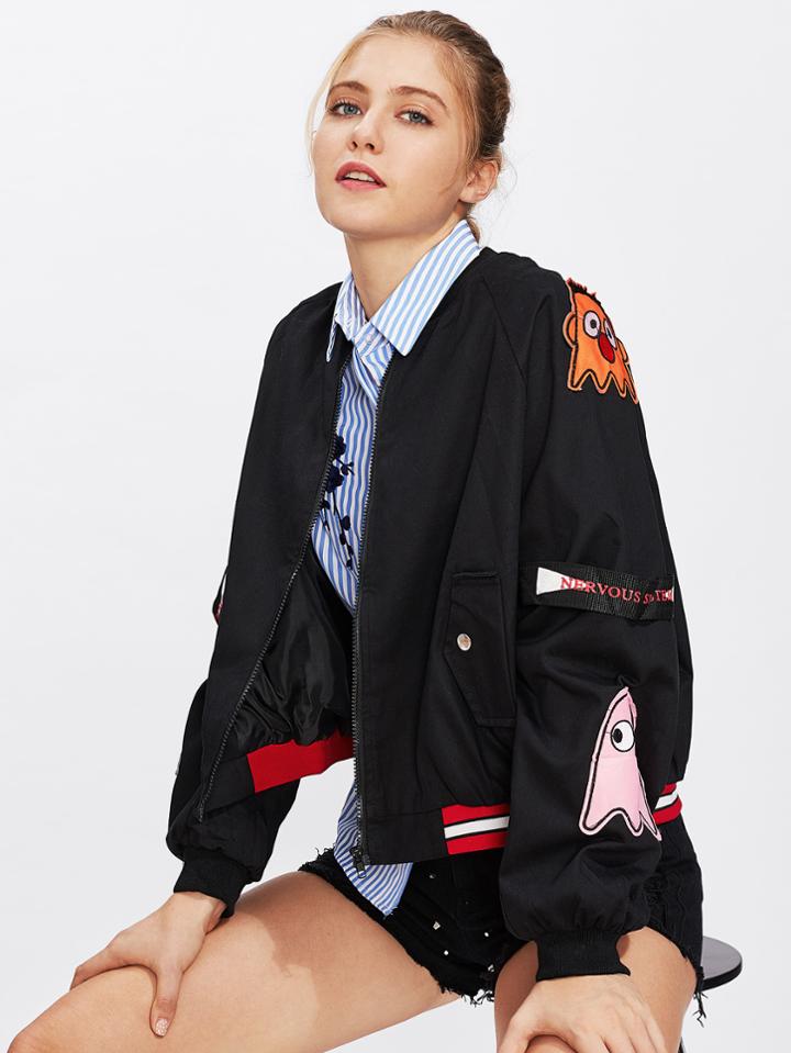 Shein Letter Tape Detail Striped Trim Jacket With Badges