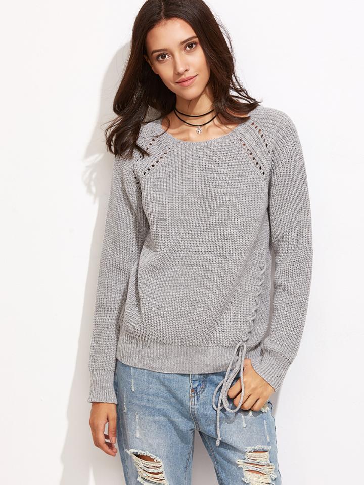 Shein Grey Eyelet Raglan Sleeve Lace Up Sweater