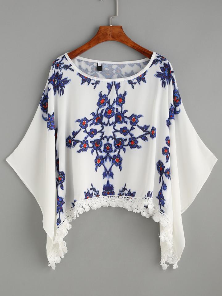 Shein White Print Bat Sleeve Lace Trimmed Top