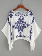 Shein White Print Bat Sleeve Lace Trimmed Top