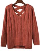 Shein Brown Criss Cross Back V Neck Sweater