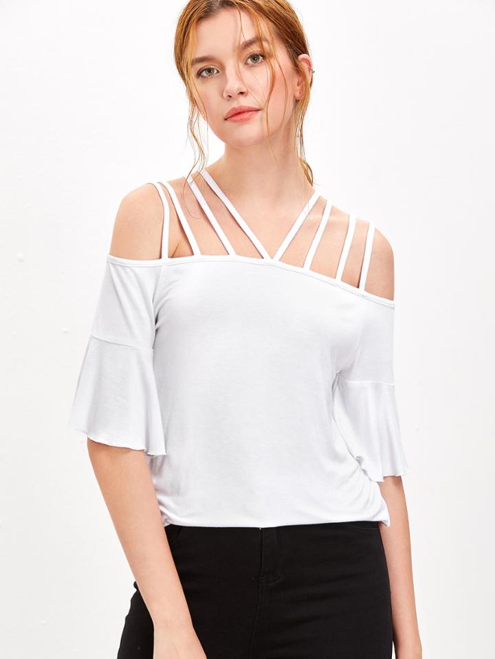 Shein White Strappy Cold Shoulder Ruffle Sleeve T-shirt