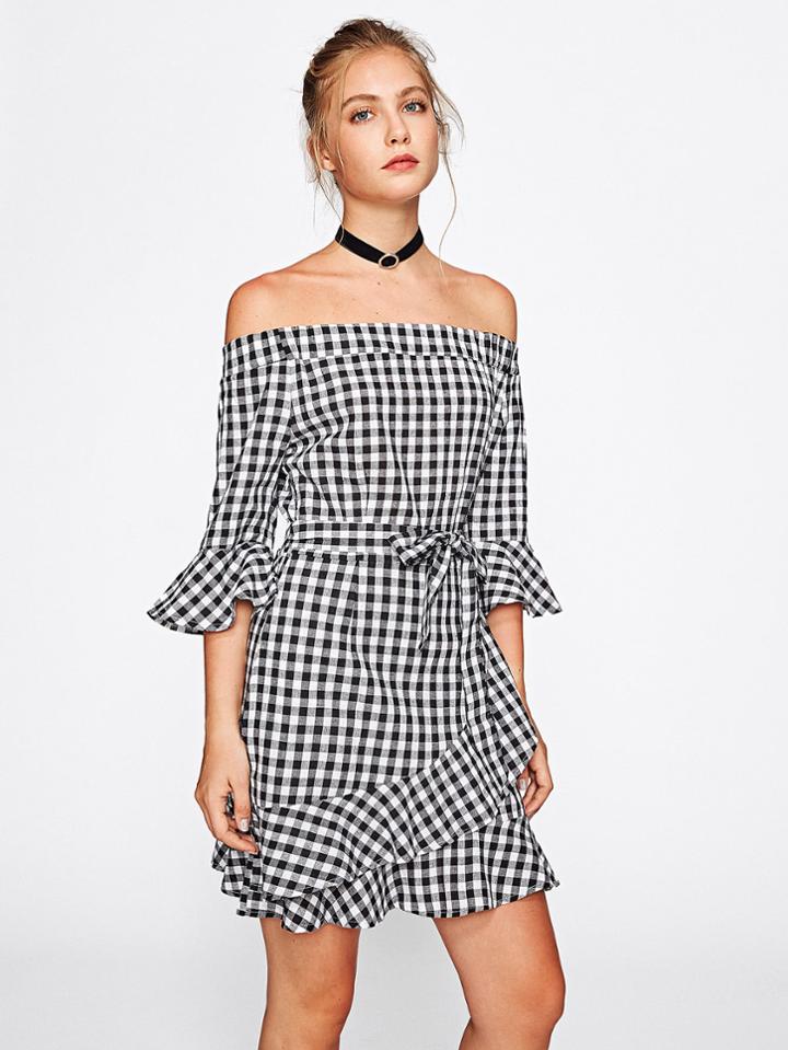 Shein Bardot Frill Trim Overlap Gingham Dress