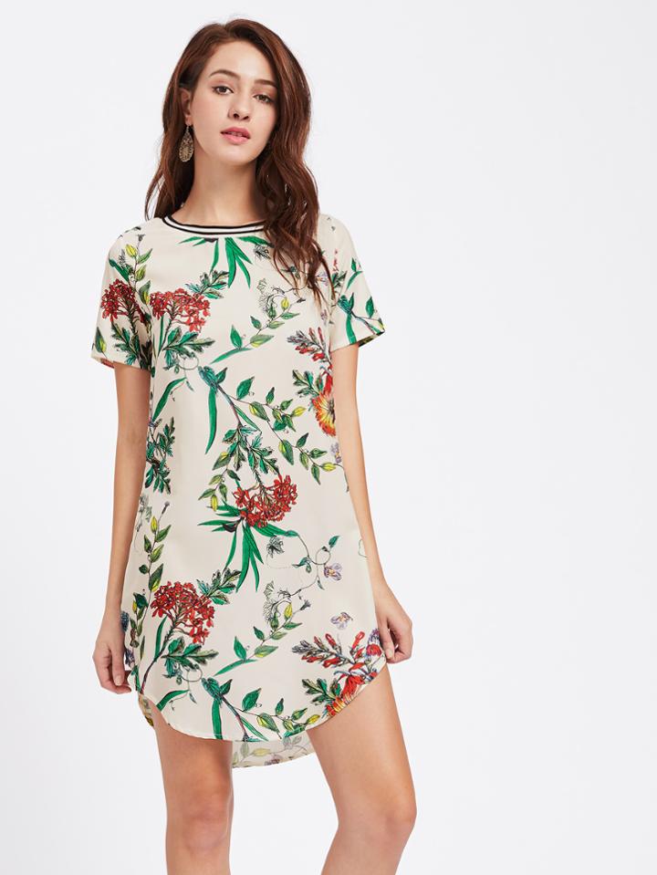 Shein Striped Neck Dolphin Hem Botanical Dress