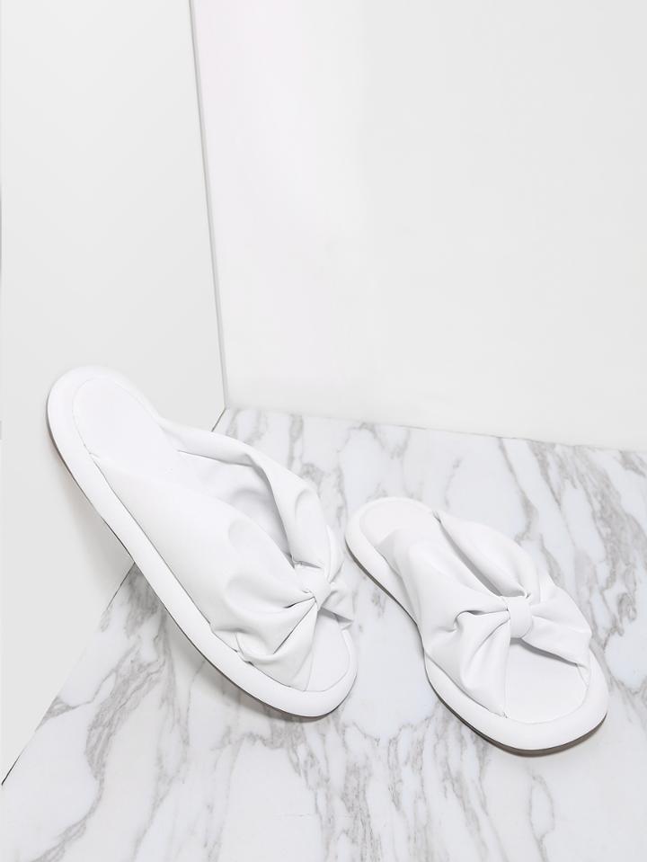 Shein White Ruched Peep Toe Pu Flat Sandals
