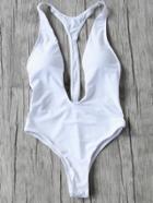 Shein White Plunge Neck One-piece Swimwear