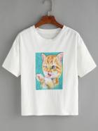 Shein White Cat Print Patch T-shirt