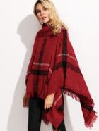 Shein Burgundy Turtleneck Plaid Fringe Smock Sweater