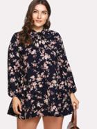 Shein Calico Print Tie Neck Pep Hem Dress