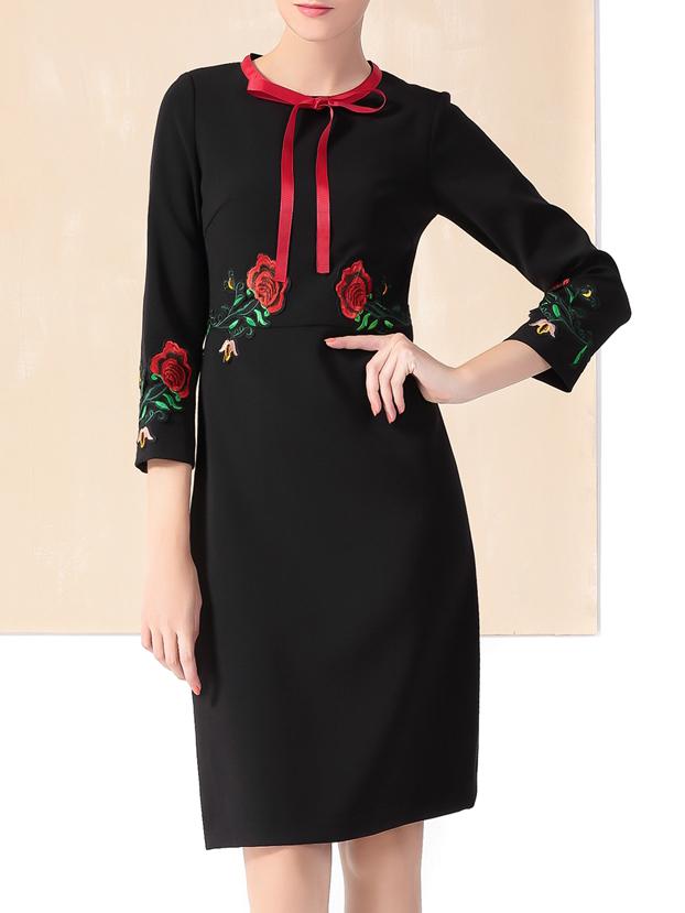 Shein Black Tie Neck Flowers Applique Pouf Sheath Dress