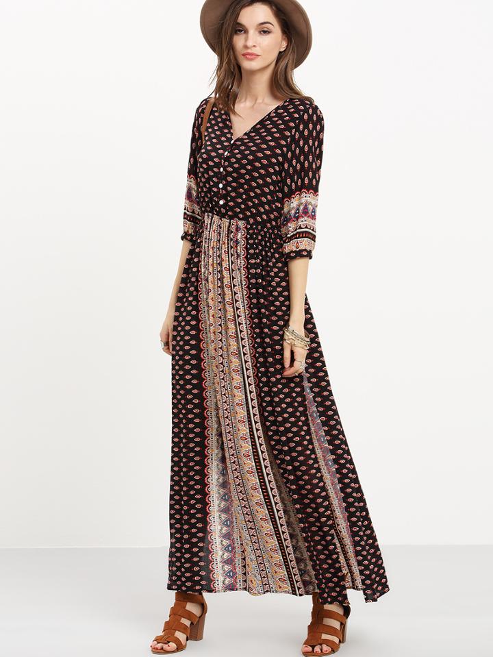 Shein Black Half Sleeve Vintage Print Split Maxi Dress