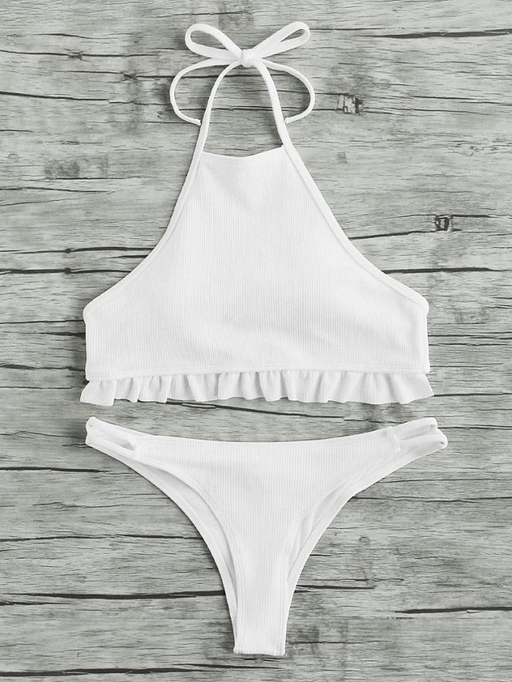 Shein Ruffle Hem Ribbed Halter Bikini Set