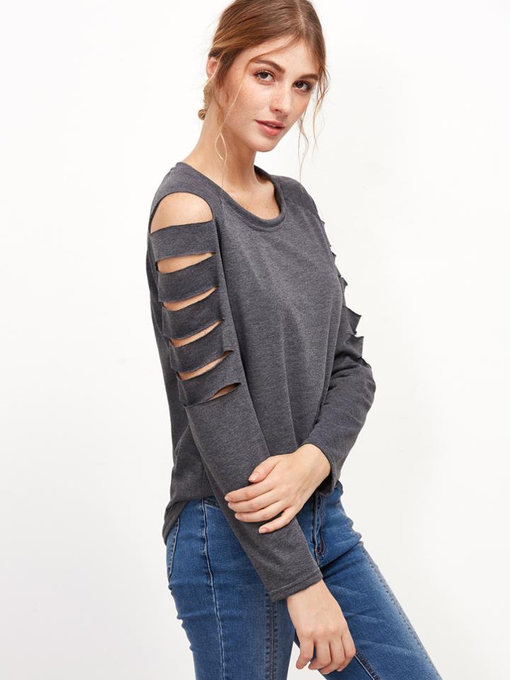 Shein Grey Ladder Cut Out Raglan Sleeve T-shirt