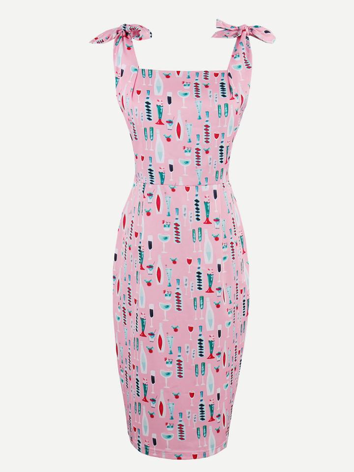 Shein Allover Print Tie-strap Slim Dress