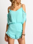 Shein Turquoise Cold Shoulder Ruffle Chiffon Jumpsuit