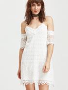Shein White Cold Shoulder Embroidered Lace Dress