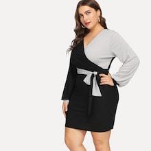 Shein Plus Two Tone Surplice Wrap Knot Dress