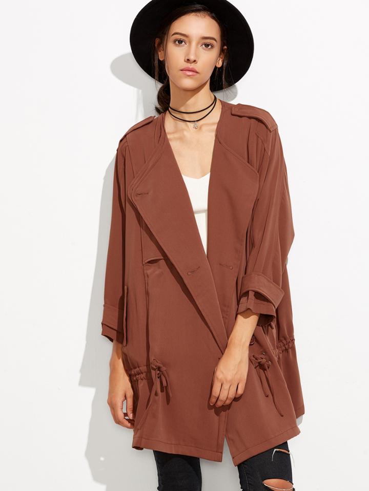 Shein Brick Red Button Front Drop Waist Drawstring Trench Coat