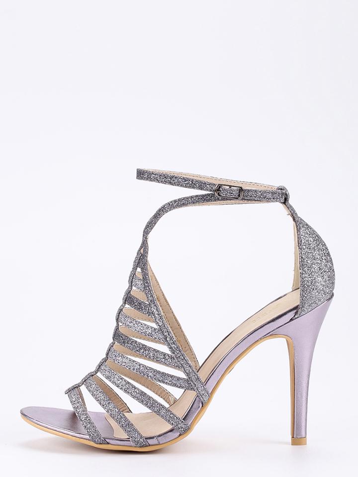 Shein Dark Grey Glitter Caged Ankle Strap Sandals