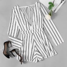 Shein Deep V Neckline Tie Back Striped Romper
