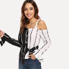 Shein Striped Asymmetrical Neck Belted Colorblock Blouse