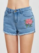 Shein Flower Embroidered Frayed Hem Denim Shorts