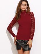 Shein Burgundy High Neck Hollow Out Sleeve Ribbed T-shirt