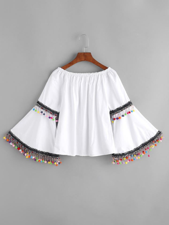 Shein Boat Neckline Pop Pom Trim Bell Sleeve Top