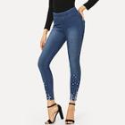 Shein Faux Pearl Beading Raw Hem Skinny Jeans