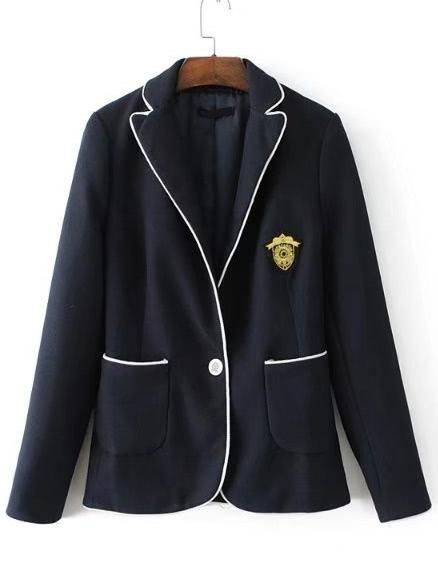 Shein Contrast Binding Single Button Patch Embroidery Blazer