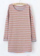 Rosewe Casual Round Neck Striped Long T Shirts Grey