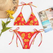 Shein Pineapple Print Side Tie Halterneck Bikini Set