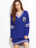 Shein Blue Varsity Striped Trim Sweater Dress With Patch