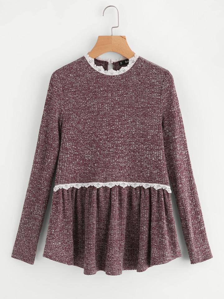 Shein Lace Trim Marled Knit Smock Tee