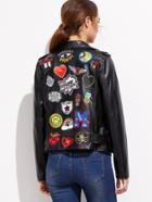 Shein Black Embroidery Patch Moto Jacket With Buckle Detail