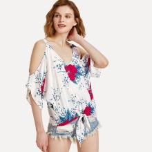 Shein Cold Shoulder Knot Front Floral Top