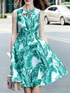Shein Green Dragonfly Beading Leaves Print A-line Dress